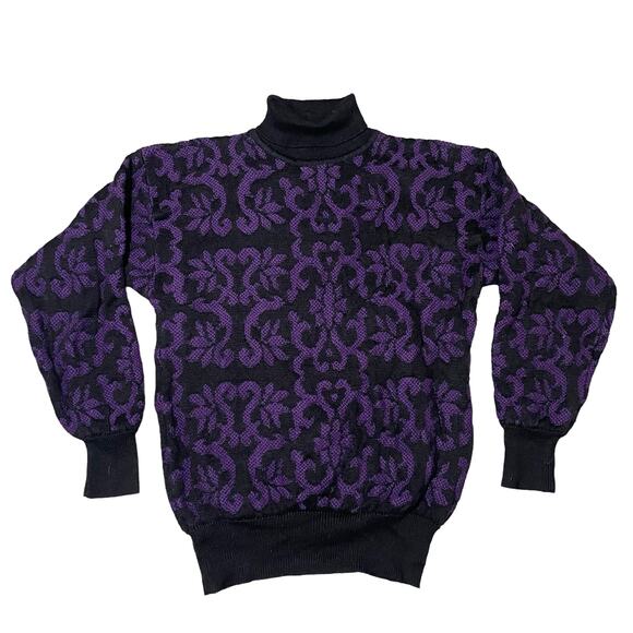 Vintage Meister Textured Knit Turtleneck Sweater Damask Purple Black Size Large - Picture 1 of 6